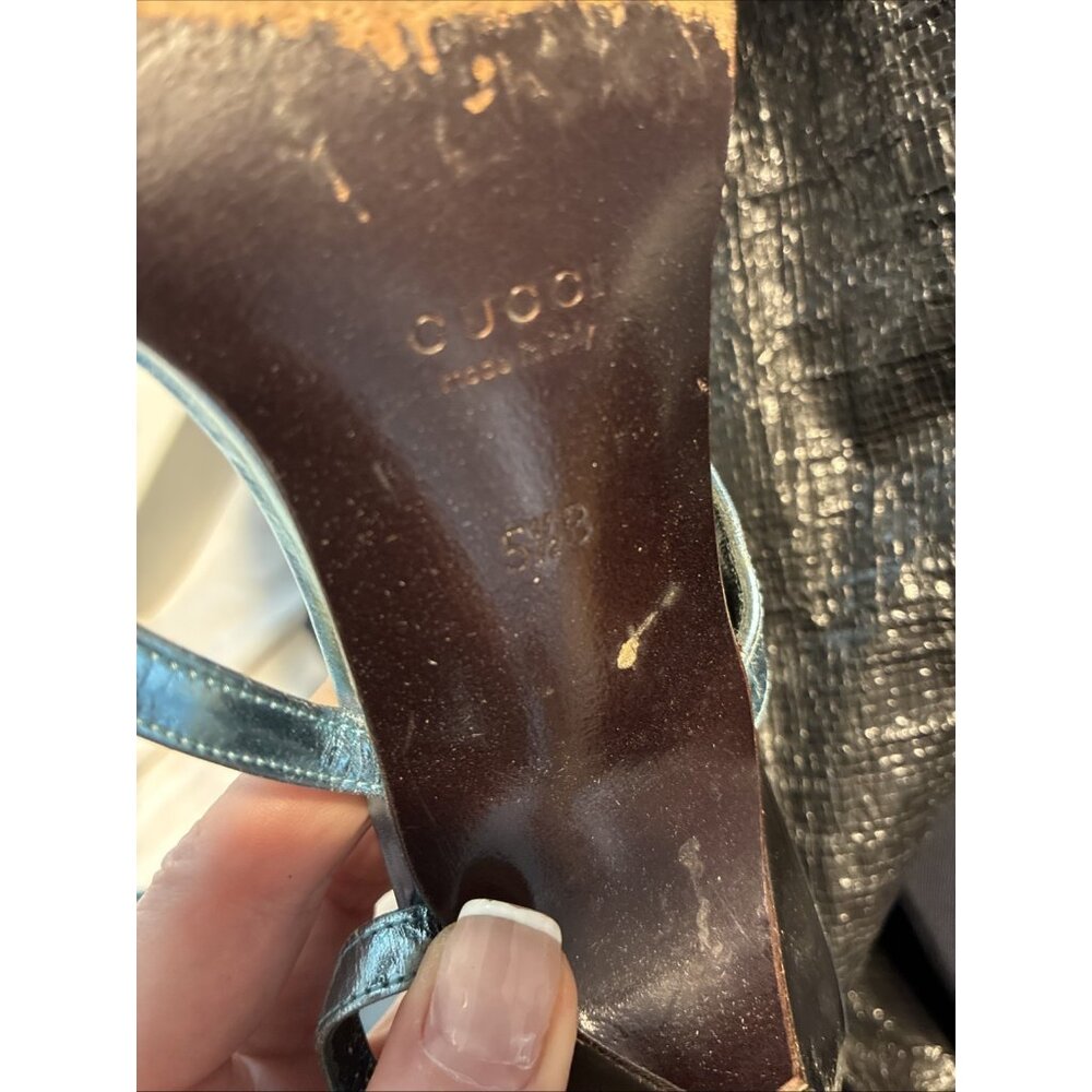 Gucci Authentic Solid Blue Metallic Slingback Low… - image 8